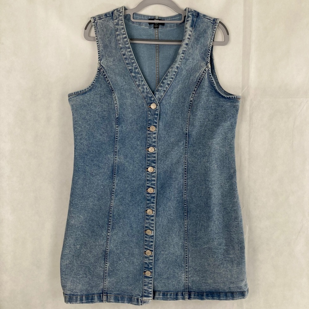 Frye Denim Mini Dress XL Light Wash Button Front Sleeveless V-Neck Stretch Jean
